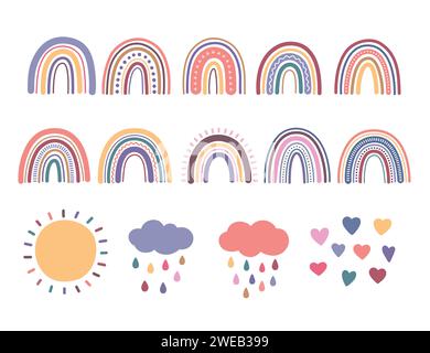 Rainbow, set of vector cute boho illustrations Stock Vector
