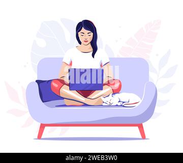 Woman working on a laptop sitting cross-legged on a sofa with a white cat, vector illustration Stock Vector