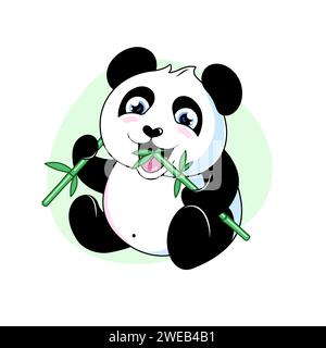 Panda with a bamboo branch, cute panda bear eating leaves Stock Vector