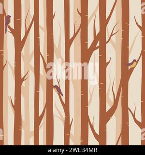 Forest, trees with birds on branches seamless pattern, vector background Stock Vector