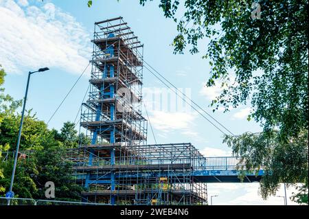 Scaffolding erected around bridge  during repairing Stock Photo