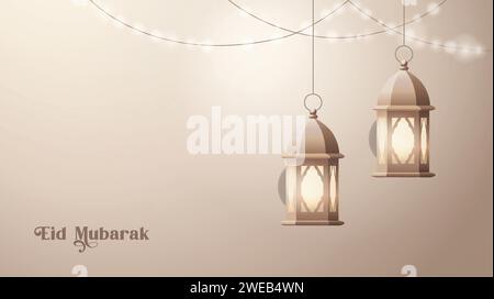 Hanging golden Moroccan lanterns at night. Glittering party garlands. Glowing vintage fanous. Blurred background, bokeh lights. Ramadan kareem, eid Stock Vector