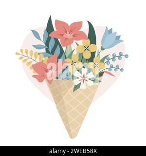 Flower bouquet in an ice cream cone on a heart-shaped background Stock Vector