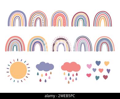Rainbow, set of vector cute boho illustrations Stock Vector