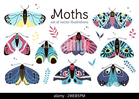 Vector set of moth illustrations, flat decorative children style Stock ...