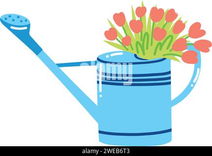Hand drawn watering can with flowers. Concept of gardening, spring time. Stock Vector