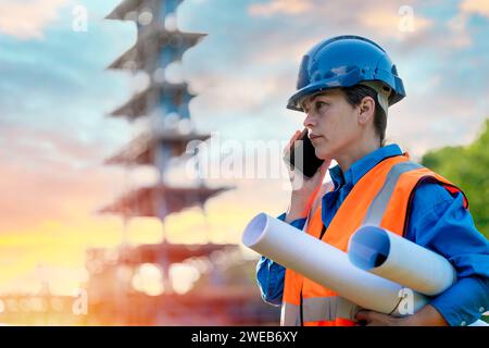 Happy Female site engineer surveyor working with theodolite total station EDM equipment on a building construction site outdoors Stock Photo