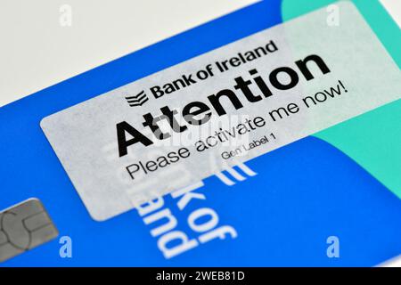 Attention activate me now banner on the new Bank of Ireland 2024 Visa debit card, Ireland, Europe, EU Stock Photo