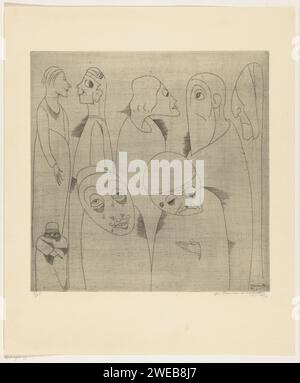 Acht Figuren, Samuel Jessurun de Mesquita, 1931 print On the front right a man in a mantal from which a hand sticks. At the bottom left a small figure that points down.  paper etching caricatures (human types). index finger forwards, pointing, indicating Stock Photo