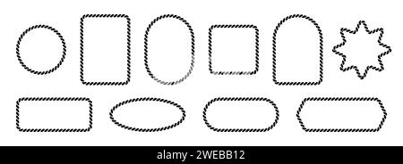 Vector rope frames. Borders of different geometric shapes are round, oval and square. Collection of isolated elements on a white background. Stock Vector