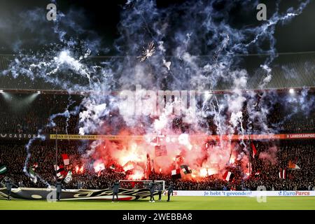 ROTTERDAM - Fireworks Feyenoord supporters during the TOTO KNVB Cup match between Feyenoord and PSV at Feyenoord Stadium de Kuip on January 24, 2024 in Rotterdam, the Netherlands. ANP MAURICE VAN STEEN Stock Photo