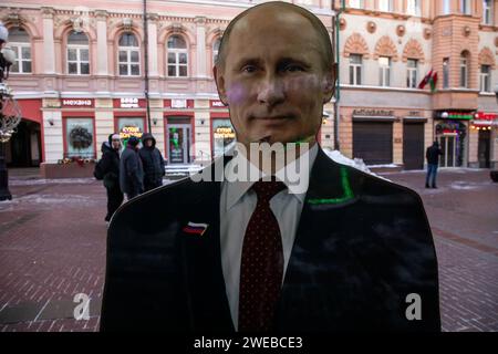 Moscow, Russia. 21st of January, 2024. A cardboard image depicting Russian president Vladimir Putin at the touristic Arbat street in downtown Moscow, Russia Stock Photo
