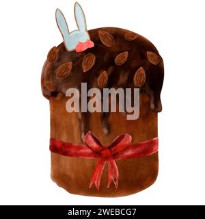 Chocolate Easter cake, hand-painted in watercolor, with almonds and gingerbread in the shape of a bunny. Easter decoration, chocolate cupcake, chocola Stock Photo