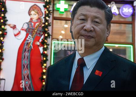 Moscow, Russia. 21st of January, 2024. A cardboard image depicting Chinese President Xi Jinping at the touristic Arbat street in downtown Moscow, Russia Stock Photo