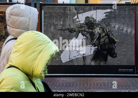 Moscow, Russia. 21st of January, 2024. View of an outdoor exhibition of military-patriotic posters of Russia in Arbat street in the center of Moscow city, Russia Stock Photo