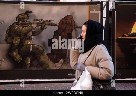 Moscow, Russia. 21st of January, 2024. View of an outdoor exhibition of military-patriotic posters of Russia in Arbat street in the center of Moscow city, Russia Stock Photo