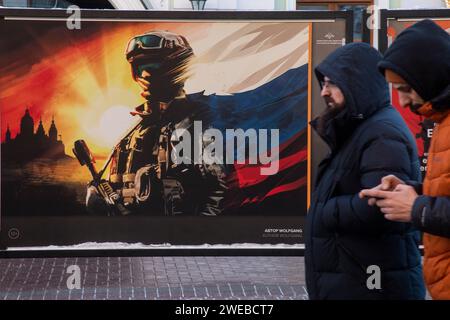 Moscow, Russia. 21st of January, 2024. View of an outdoor exhibition of military-patriotic posters of Russia in Arbat street in the center of Moscow city, Russia Stock Photo