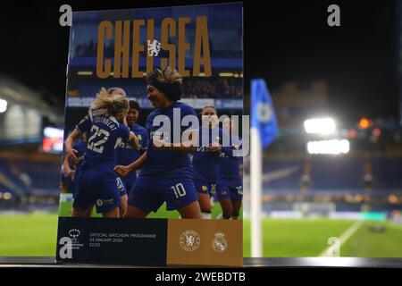 24th January 2024; Stamford Bridge, Chelsea, London, England: UEFA Womens Champions League Football, Chelsea versus Real Madrid Femenino; Matchday programme Stock Photo