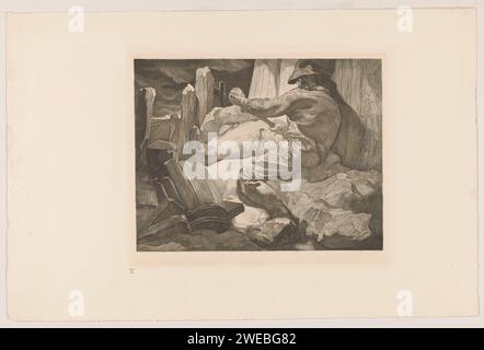 Wrecking worker, Johannes Josephus Aarts, 1881 - 1934 print A man in work clothes with a hat squeezes with a rod between wooden boards that together form a wall. Left in the foreground a broken wooden barrel.  paper engraving working class, labourers Stock Photo
