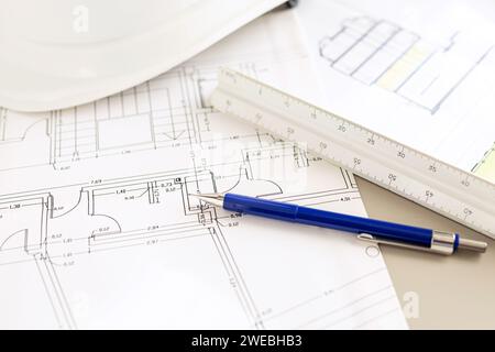 Architecture plans and architect supplies background. Selective focus Stock Photo