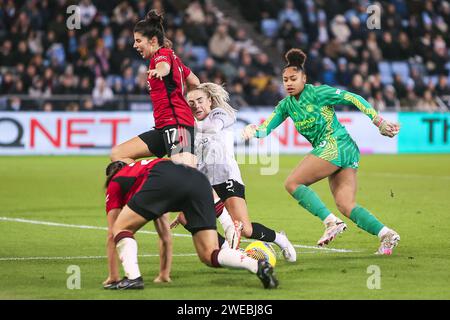 United's Lucia Garcia is tackled in the area by City's Alex Greenwood during the THE FA Women's League Cup match between Manchester City and Manchester United at the Etihad Stadium, Manchester on Wednesday 24th January 2024. (Photo: Chris Donnelly | MI News) Credit: MI News & Sport /Alamy Live News Stock Photo