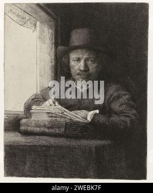 Self-Portrait, Etch at a Window, Rembrandt van Rijn, 1648 print   paper etching / drypoint portrait, self-portrait of draughtsman (+ artist at work) Stock Photo