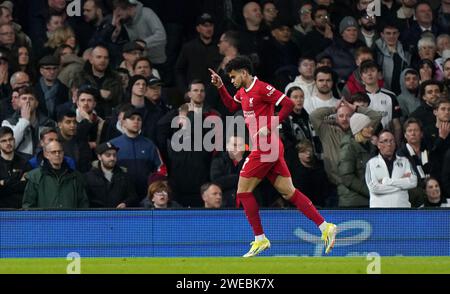 Liverpool's Luis Diaz celebrates scoring their side's first goal of the game during the Carabao Cup semi final second leg match at Craven Cottage, London. Picture date: Wednesday January 24, 2024. Stock Photo