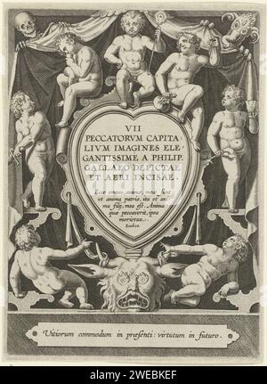 Heart -shaped cartouche with series title, surrounded by putti, Hieronymus Wierix, After Philips Galle, 1563 - Before 1612 print Series title and a five -line Bible quote from EZ. 18 In Latin, in a cartouche, surrounded by putti with the attributes of the seven deadly sins. Under the show a framework with a caption in Latin. Antwerp paper engraving the Seven Deadly Sins (personified) Stock Photo