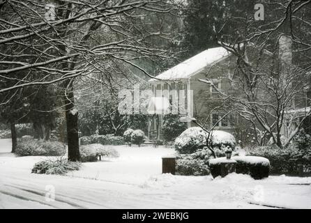 Exterior of suburban house during a snow storm. Stock Photo