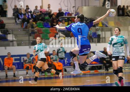 Oviedo, Spain. 23rd Jan, 2024. Lobas Global Atac Oviedo player, Brenda Magali Torres (9) shoots on goal during the Second phase of the XLV Copa de S.M. The Queen enters Lobas Global Atac Oviedo and Atticgo BM. Elche, on January 23, 2024, at the Florida Arena Municipal Sports Center, in Oviedo, Spain. (Photo by Alberto Brevers/Pacific Press/Sipa USA) Credit: Sipa USA/Alamy Live News Stock Photo