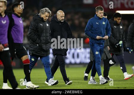 ROTTERDAM - (l-r) PSV Eindhoven assistant coach Rob Maas, PSV Eindhoven coach Peter Bosz, PSV Eindhoven assistant coach Stijn Schaars during the TOTO KNVB Cup match between Feyenoord and PSV at Feyenoord Stadium de Kuip on January 24, 2024 in Rotterdam, Netherlands. ANP MAURICE VAN STEEN Stock Photo