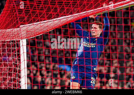 ROTTERDAM, NETHERLANDS - JANUARY 24: Guus Til of PSV jumping and hitting the goal post during the TOTO KNVB Cup match between Feyenoord and PSV at Stadion Feyenoord on January 24, 2024 in Rotterdam, Netherlands. (Photo by Joris Verwijst/Orange Pictures) Credit: Orange Pics BV/Alamy Live News Stock Photo