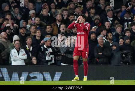 Liverpool's Luis Diaz rues a missed chance during the Carabao Cup semi final second leg match at Craven Cottage, London. Picture date: Wednesday January 24, 2024. Stock Photo