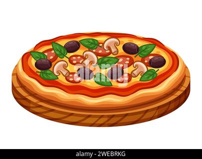 Italian pizza fast food, fresh pizzeria baking with cheese, sausage meat, tomato on tray icon. Italy culinary hot lunch eating menu. Cartoon vector Stock Vector