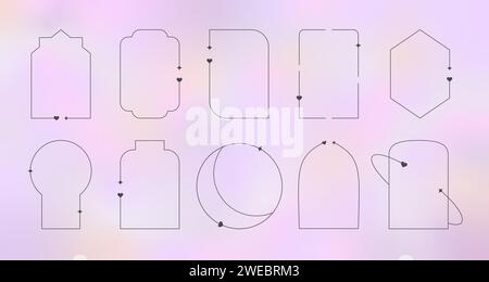 Valentines Day Y2K romantic frames. Line minimalistic arches set with hearts, stars. Stock Vector