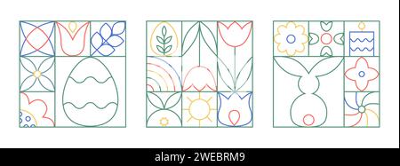 Abstract easter geometric cards template with easter eggs, flowers, tulip, bunnies, rainbow. Simple colorfull vector blocks with cute elements for Stock Vector