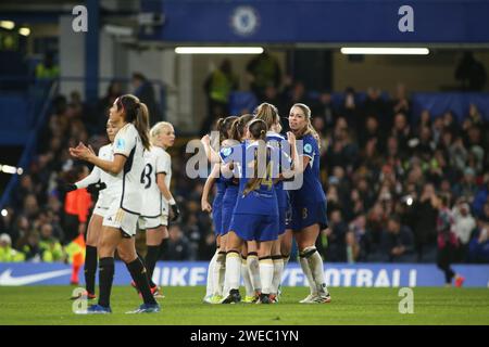 London, UK. 24th Jan, 2024. London, January and 24th 2024: Chelsea goal celebartions during the UEFA Womens Champions League Group D match between Chelsea and Real Madrid at Stamford Bridge, London, England. (Pedro Soares/SPP) Credit: SPP Sport Press Photo. /Alamy Live News Stock Photo