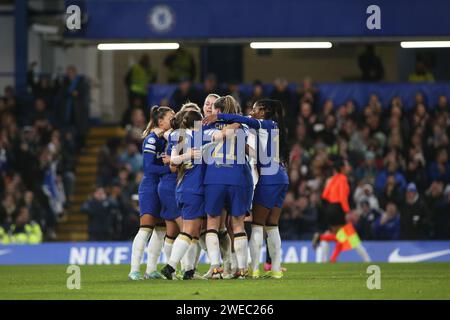 London, UK. 24th Jan, 2024. London, January and 24th 2024: Chelsea goal celebartions during the UEFA Womens Champions League Group D match between Chelsea and Real Madrid at Stamford Bridge, London, England. (Pedro Soares/SPP) Credit: SPP Sport Press Photo. /Alamy Live News Stock Photo