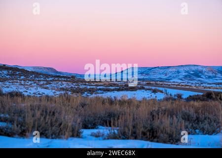 Snow on the sagebrush at Fossil Butte National Monument, Wyoming, USA Stock Photo