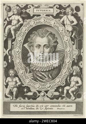 Hoogmoed, Hieronymus Wierix, after Philips Galle, 1563 - before 1612 print Bust of the female personification of pride (superbia). In her hand she holds a fan of peacock springs. The show is caught in a cartouche, surrounded by putti. In the context in the margin a two -way Bible quote from Spr. 11 in Latin. Antwerp paper engraving Pride; 'Superbia' (Ripa)  personification of one of the Seven Deadly Sins Stock Photo