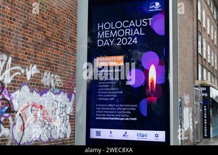 London, UK. 21st January, 2024. A public information display referring to Holocaust Memorial Day events taking place in the London Borough of Tower Hamlets. Holocaust Memorial Day takes place on 27th January. Credit: Mark Kerrison/Alamy Live News Stock Photo