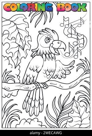 coloring book for children - a parrot sitting in the jungle on a tree singing with notes in the air. Stock Vector