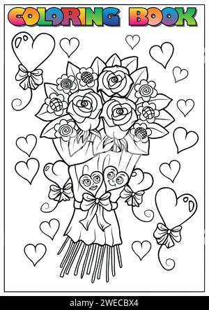 Children's coloring book for Valentine's Day - bouquet of roses with hearts Stock Vector