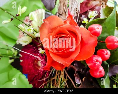 Colorful bouquet with roses, broom and St. John's wort Stock Photo