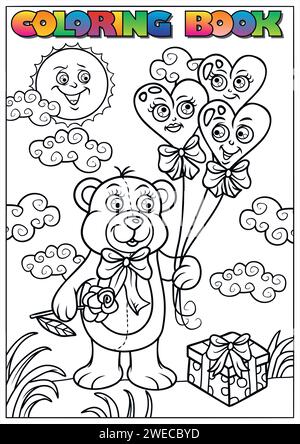 Children's coloring book for Valentine's Day - bear holding Valentine's balloons with a heart Stock Vector