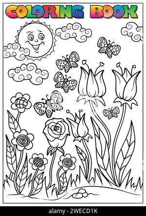 children's coloring book for Easter, flowers, butterflies, spring, sun Stock Vector