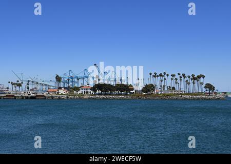 SAN PEDRO, CALIFORNIA - 11 MAY 2022: Reservation Point home to a US Coast Guard base and Federal Correctional Facility on the Los Angeles Main Channel Stock Photo