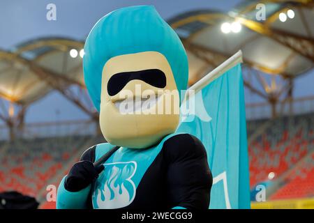 Gold Coast, Australia. 22nd Jan 2024. Brisbane Heat mascot entertains the crowd during the Big Bash match between Brisbane Heat and Adelaide Strikers Stock Photo