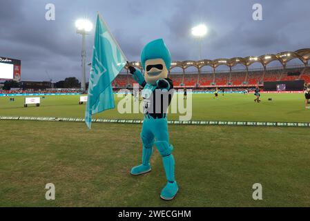 Gold Coast, Australia. 22nd Jan 2024. Brisbane Heat mascot entertains the crowd during the Big Bash match between Brisbane Heat and Adelaide Strikers Stock Photo