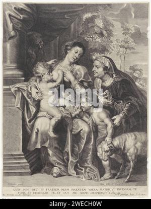 Heilige family with John De Doper an Elisabet, Hans Witdoeck, After Peter Paul Rubens, 1625 - 1653 print  Antwerp paper engraving Holy Family with John the Baptist, Elisabeth present Stock Photo